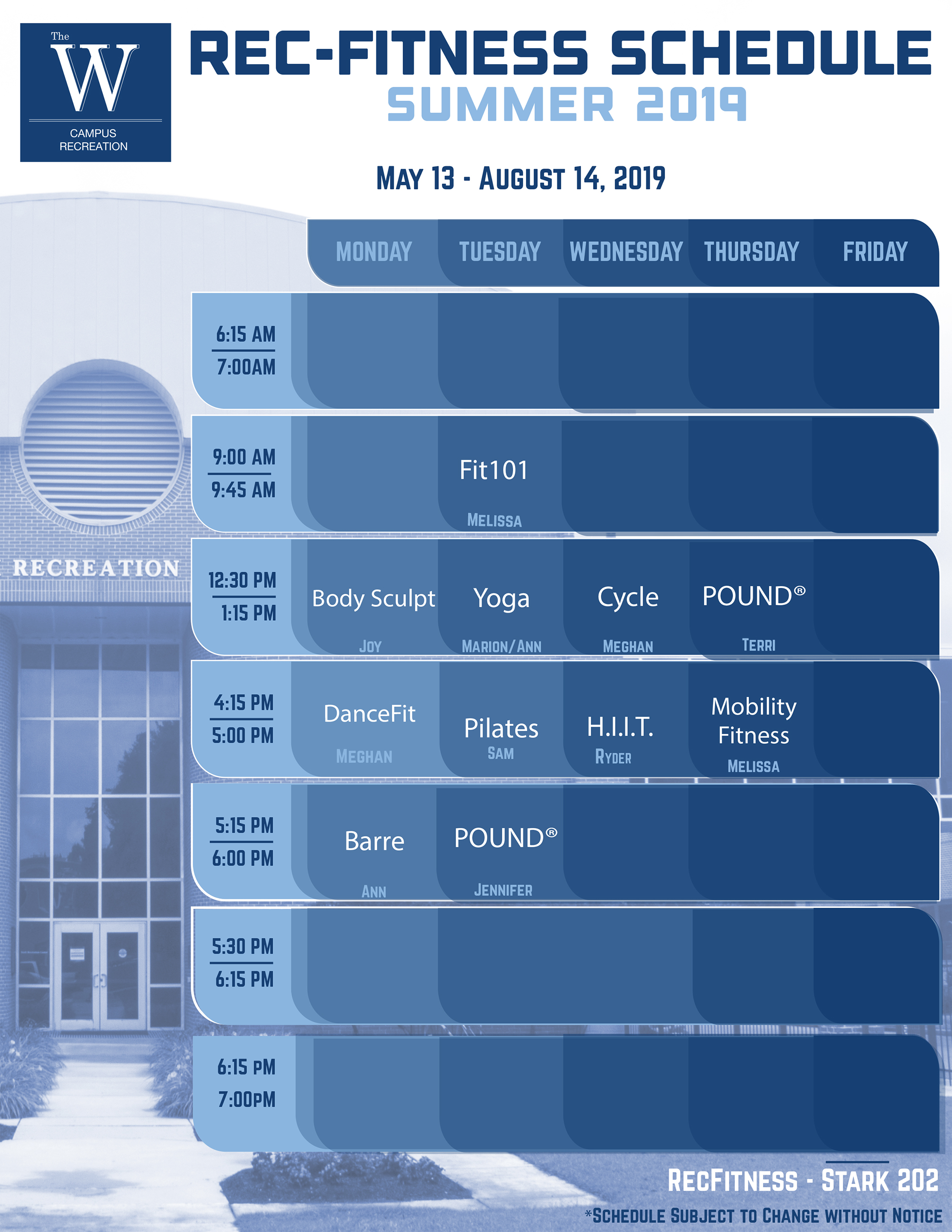 RecFitness Schedule Stark Recreation Center MUW