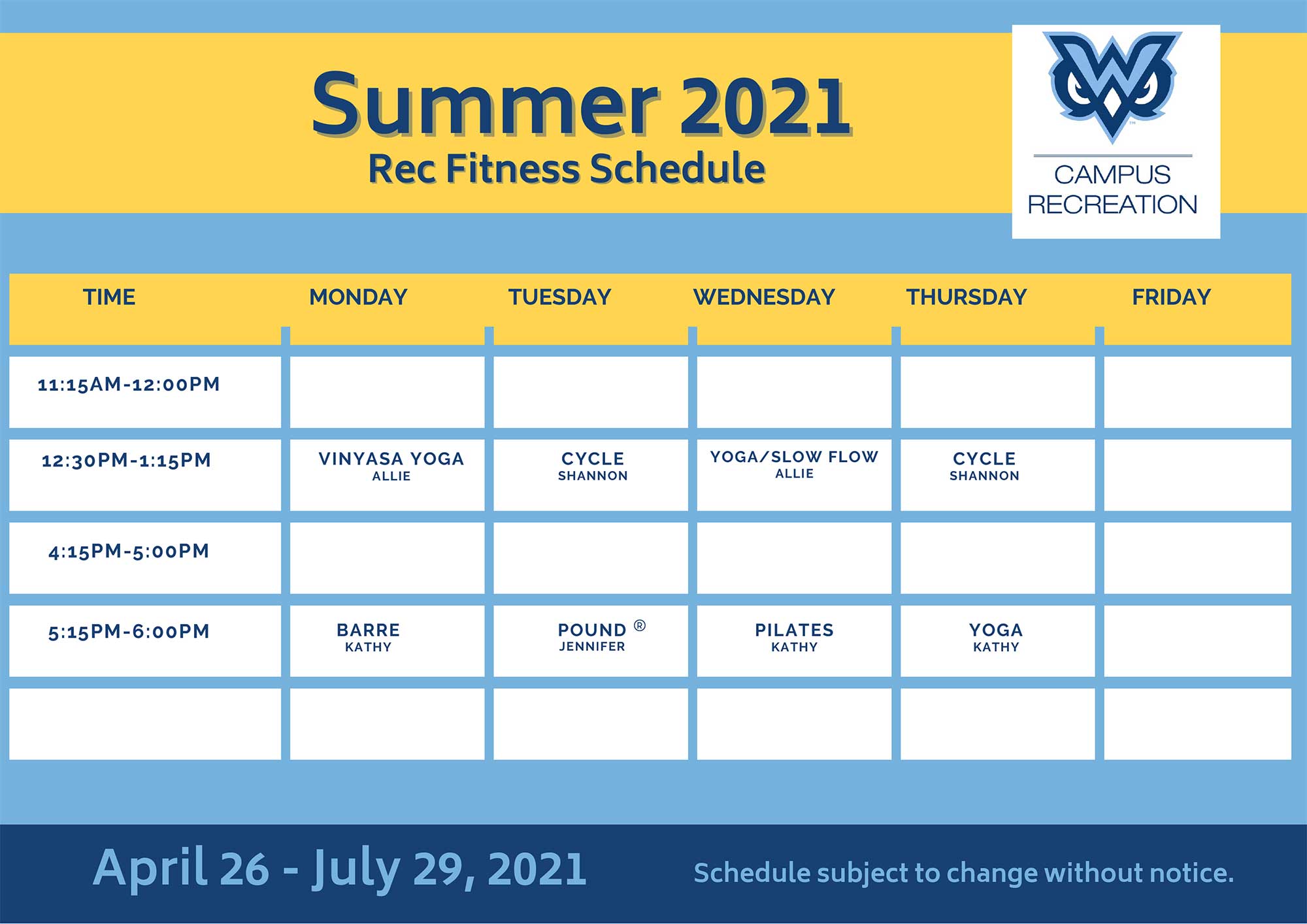 RecFitness Schedule Stark Recreation Center MUW