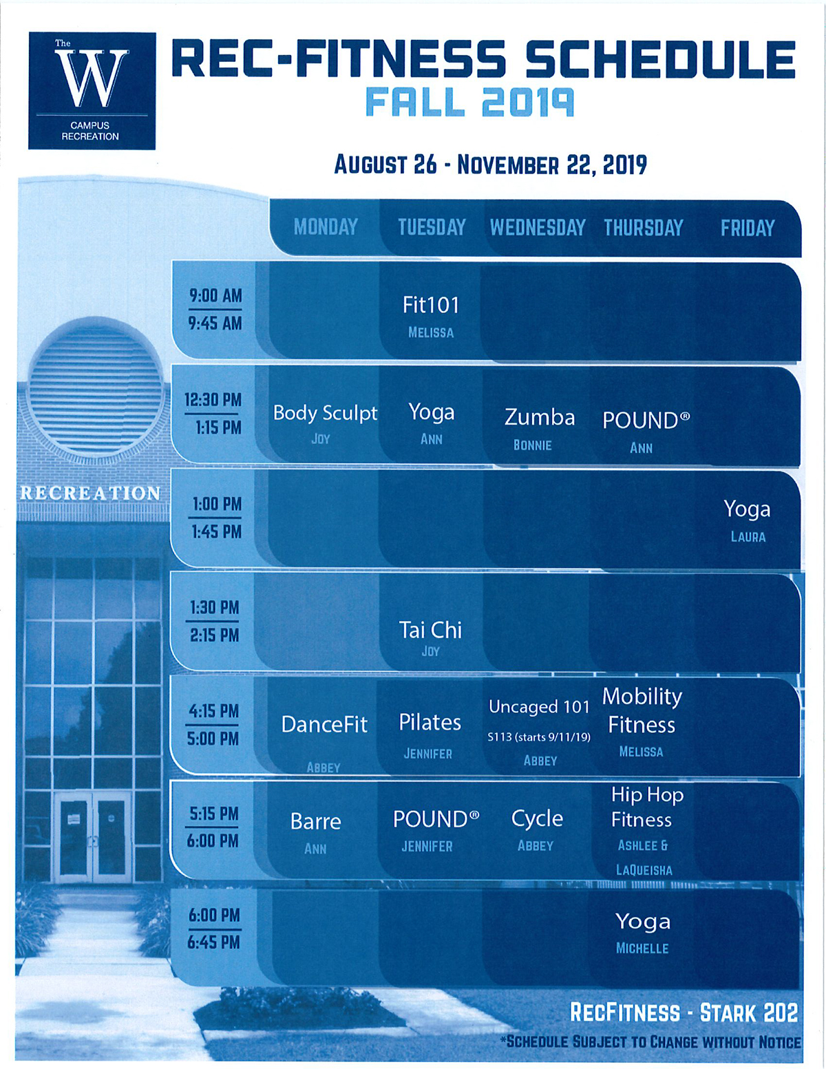 RecFitness Schedule Stark Recreation Center MUW