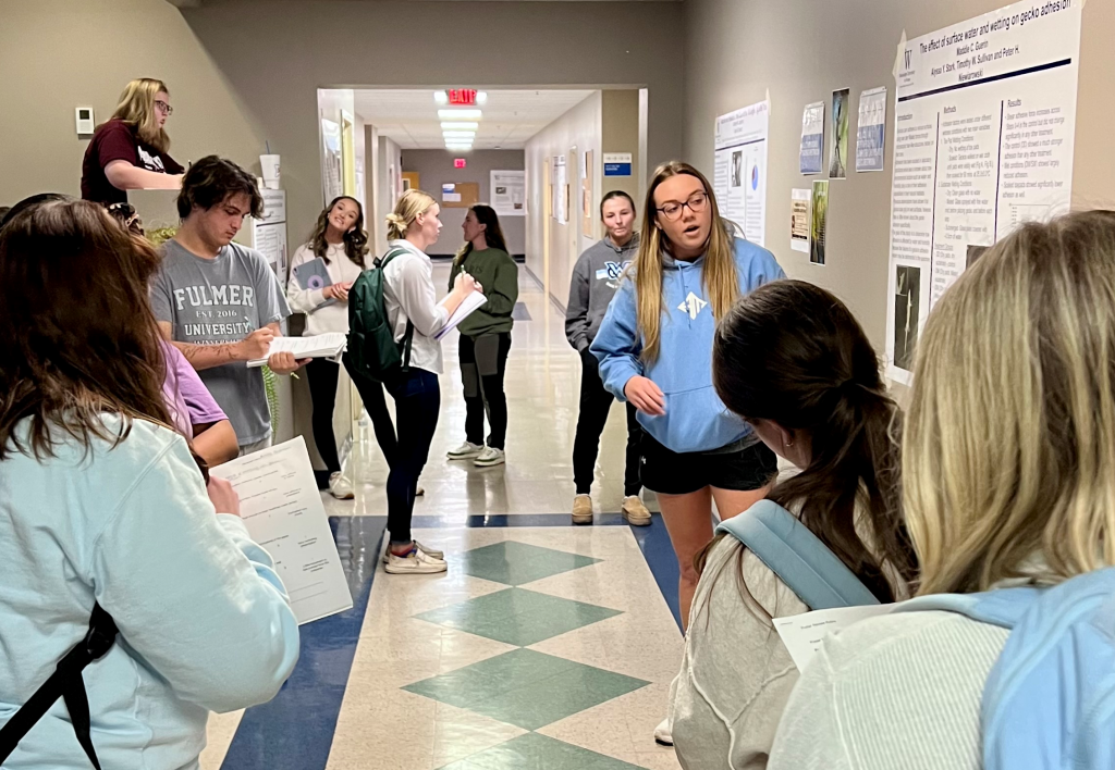 Students in Parkinson Hall hallway with posters on the hallway walls.